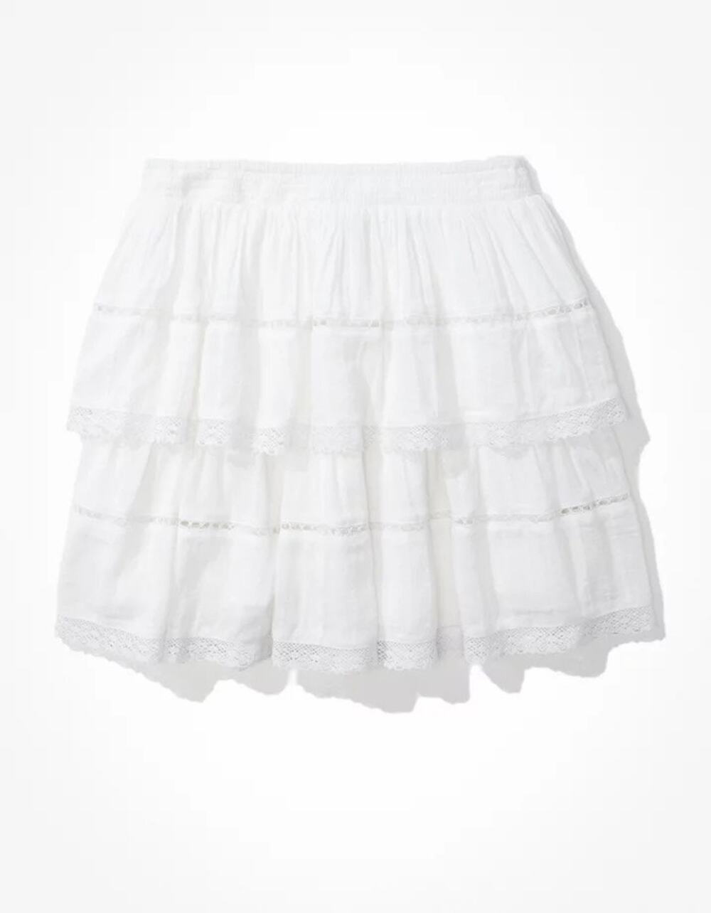 American Eagle | NEW White Preppy Summer Tiered Ruffled Lace Trim Mini Skirt